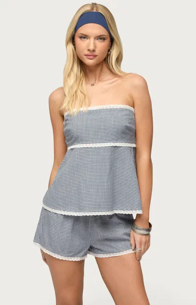 Edikted Women's Ellie Lacey Ginghman Strapless Top In White/navy In Blue