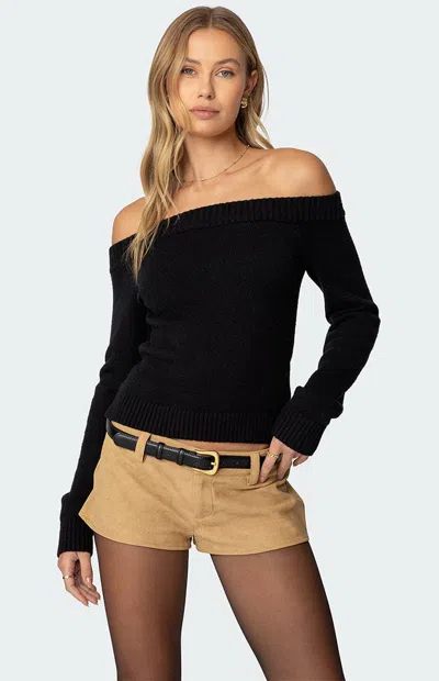 Edikted Elona Off The Shoulder Long Sleeve Knit Top In Black