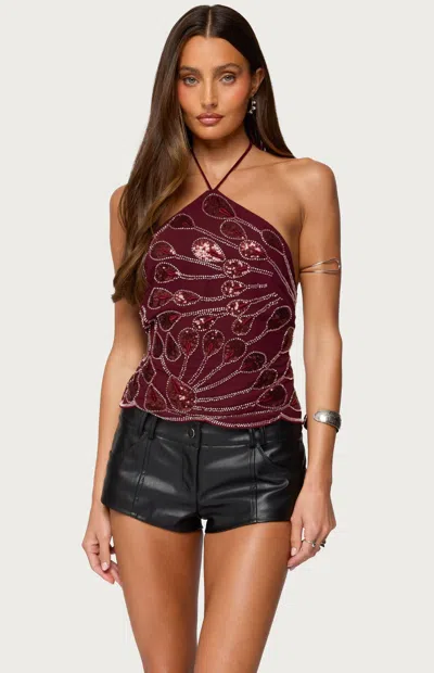 EDIKTED WOMEN'S EMBROIDERED BEAD & SEQUIN HALTER TOP IN BURGUNDY