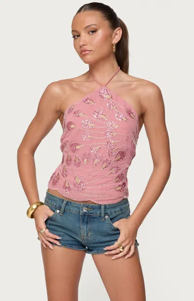 EDIKTED WOMEN'S EMBROIDERED BEAD & SEQUIN HALTER TOP IN PINK