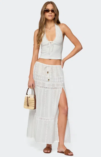 Edikted Embroidered Cotton Lace Slitted Maxi Skirt In White