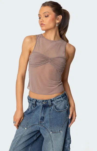 Edikted Erica Sheer Sleeveless Gathered Bodice Top In Brown