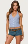 Edikted Evan Gingham Button Up Halter Top In Blue