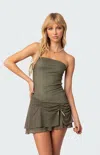 Edikted Evelin Ruched Strapless Mesh Minidress In Green