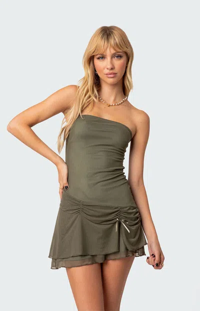 Edikted Evelin Ruched Strapless Mesh Minidress In Olive