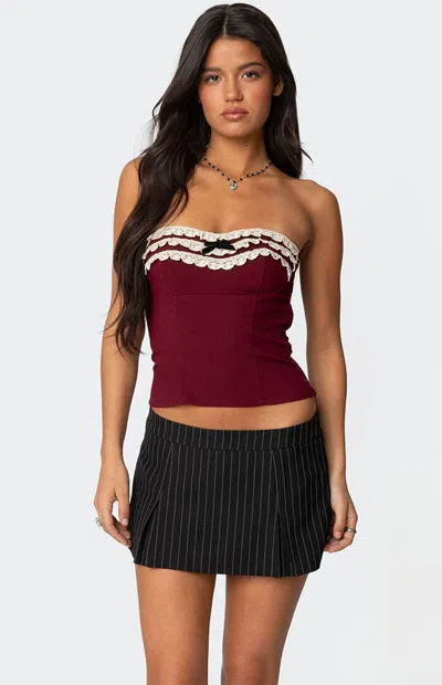 Edikted Eyelet Ruffle Strapless Top In Burgundy