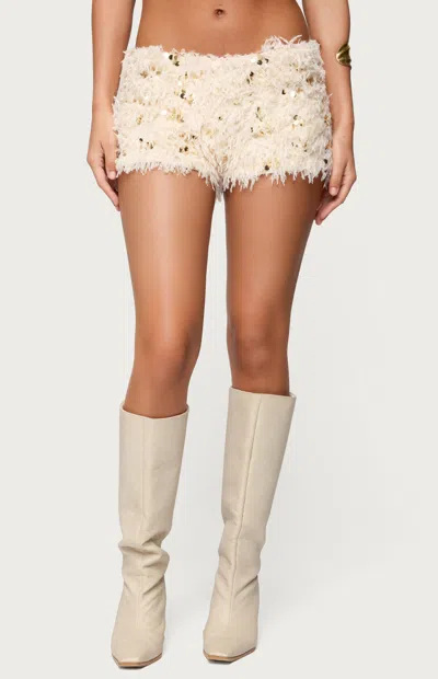 Edikted Faux Feather Sequin Micro Shorts In White