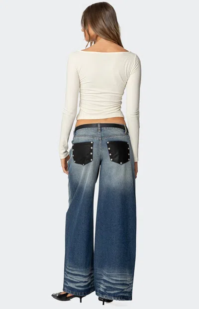 Edikted Women's Faux Leather Pocket Low Rise Jeans In Blue