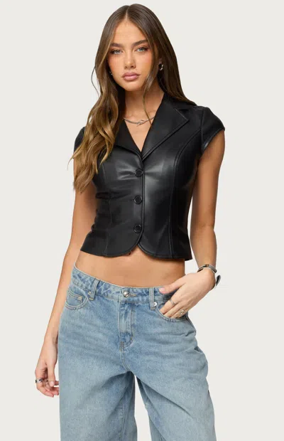 Edikted Tailored Faux Leather Short Sleeve Button-up Shirt In Black