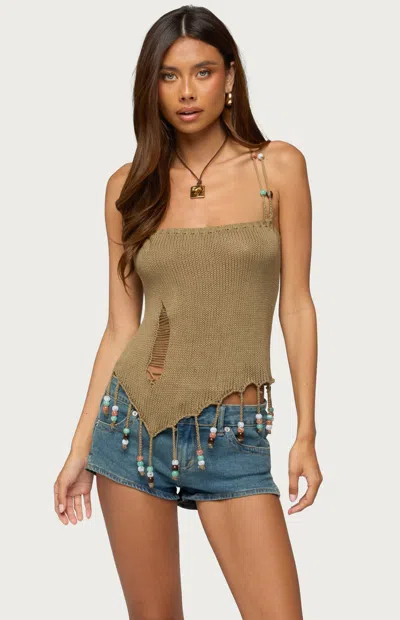 Edikted Fernie Bead Fringe Knit Tank Top In Green