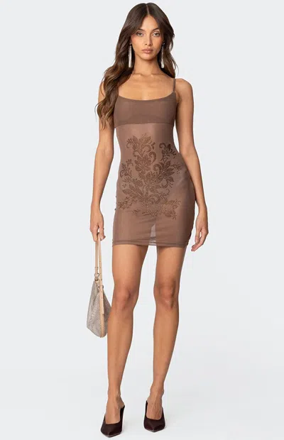 Edikted Flora Rhinestone Minidress In Brown