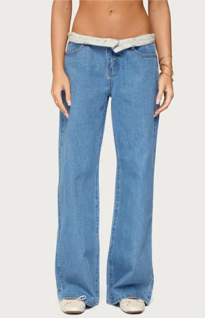 Edikted Floral Foldover Low Rise Medium Rinse Wash Jeans In Blue
