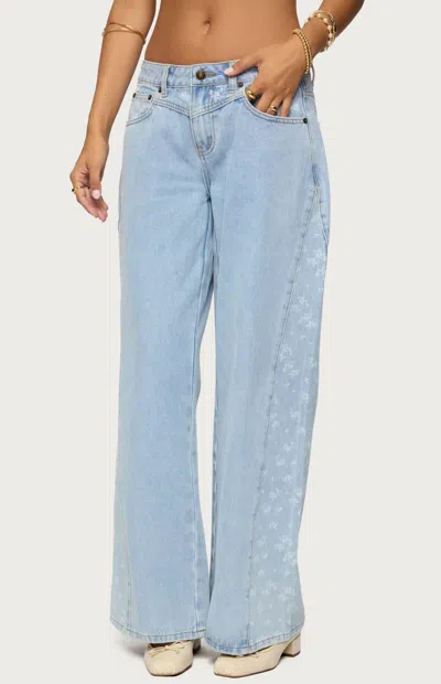 Edikted Floral Panel Low Rise Wide Leg Jeans In Blue
