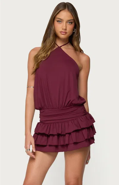 Edikted Fontella Layered Ruffle Halter Minidress In Burgundy