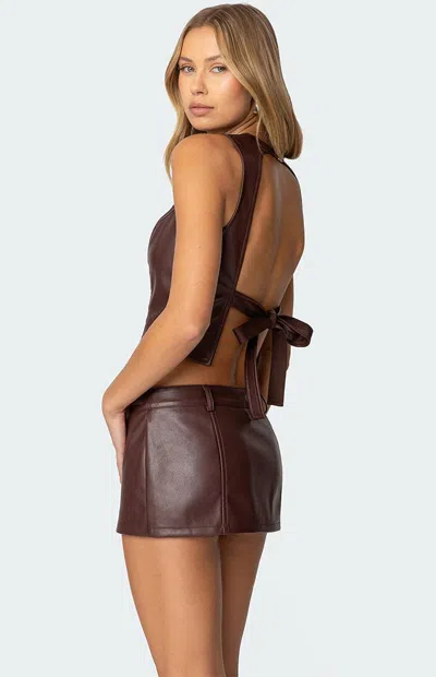 Edikted Women's Frances Backless Faux Leather Top In Brown