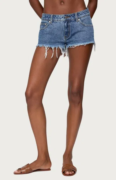 Edikted Frayed Vintage Washed Denim Shorts In Blue