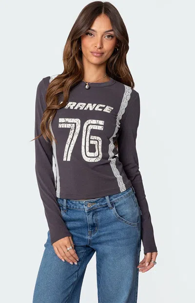 Edikted Frenchy Long Sleeve Cotton Graphic T-shirt In Dark-gray