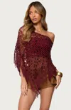 Edikted Open Stitch Sequin Fringe Poncho In Burgundy