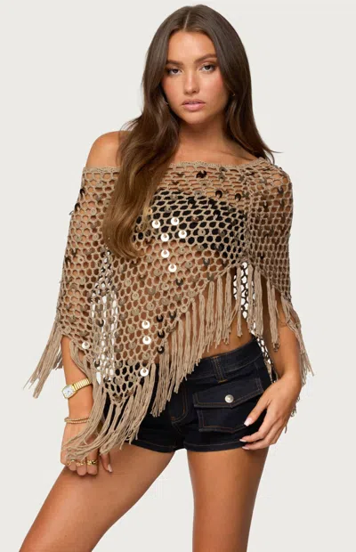 Edikted Women's Fringe Sequin Crochet Poncho In Tan In Multi