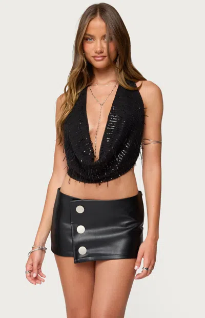 Edikted Fringed Sequin Backless Haltertop In Black