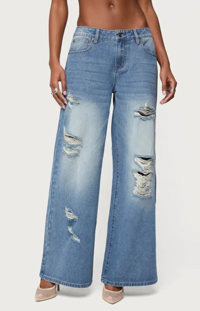 Edikted Frye Distressed Low Rise Baggy Jeans In Blue