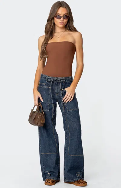 Edikted Funky Stitch Belted Low Rise Wide Leg Jeans In Dark-blue-washed