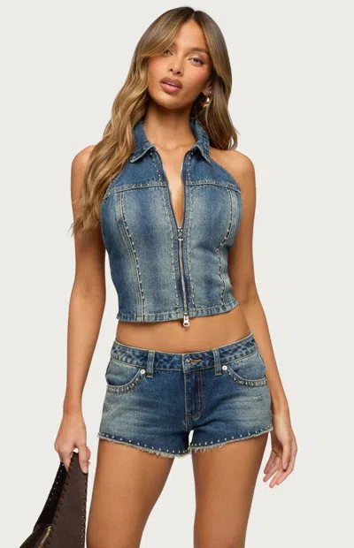 Edikted Gaya Open Back Zip-up Denim Top In Blue