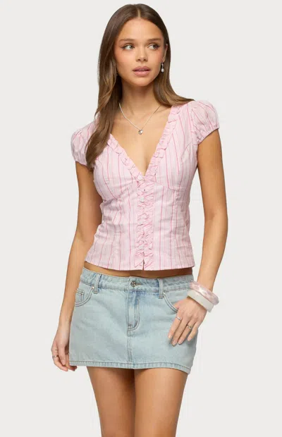 Edikted Women's Georgia Ruffle Striped Button Up Top In Pink