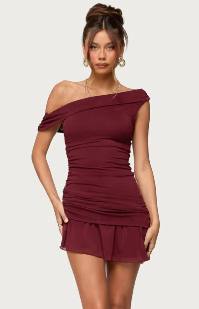 Edikted Women's Gesibelle Off Shoulder Mesh Mini Dress In Burgundy In Multi