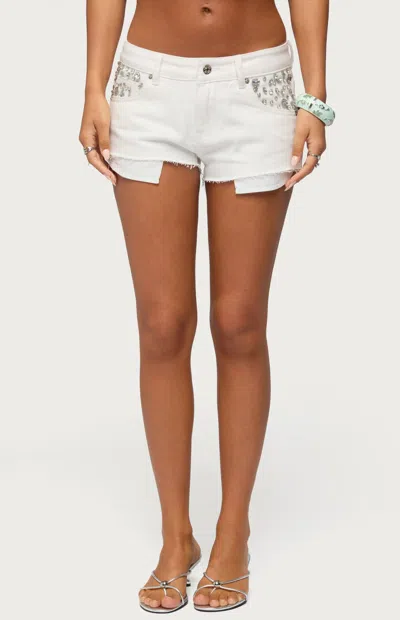 Edikted Gia Gem Low Rise Micro Denim Shorts In White