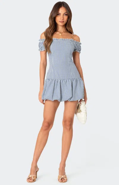 Edikted Gingham Off The Shoulder Bubble Hem Minidress In Blue-and-white