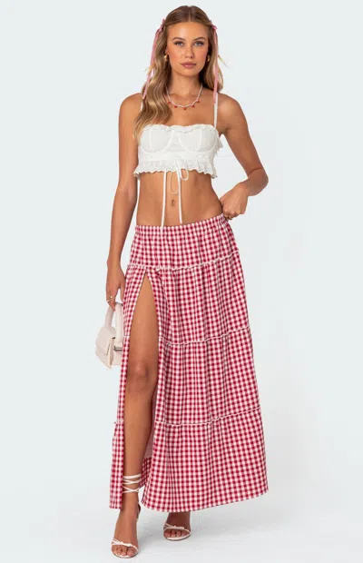 Edikted Gingham Side Slit Tiered Maxi Skirt In Red