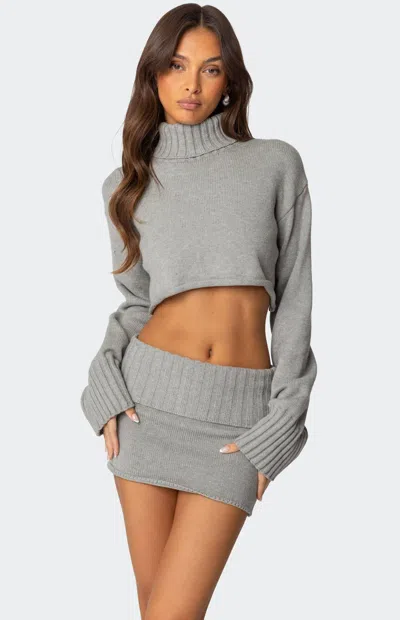 Edikted Gino Cropped Turtle Neck Sweater In Gray Melange