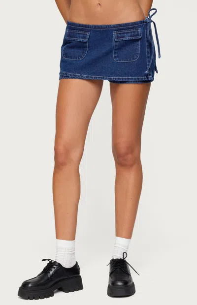 Edikted Giselle Wrap Low Rise Denim Miniskort In Blue