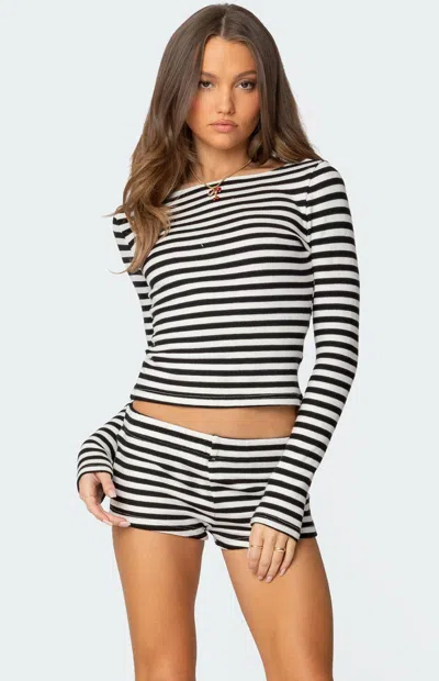 Edikted Hali Stripe Knit Long Sleeve Top In Black-and-white