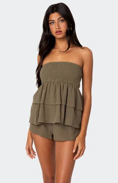 Edikted Ruffled Scrunch Linen Look Tube Top In Olive