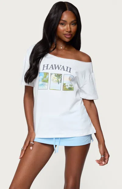 Edikted Hawaiian Babe Off The Shoulder Cotton Graphic T-shirt In Brown