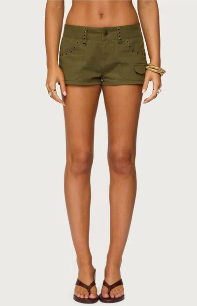 Edikted Hazen Grommet Low Rise Twill Shorts In Green