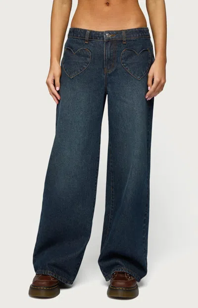 Edikted Heart Pocket Low Rise Wide Leg Jeans In Blue