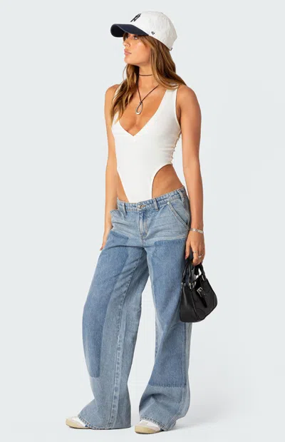 Edikted Women's High Cut Ribbed V Neck Bodysuit In White In Multi