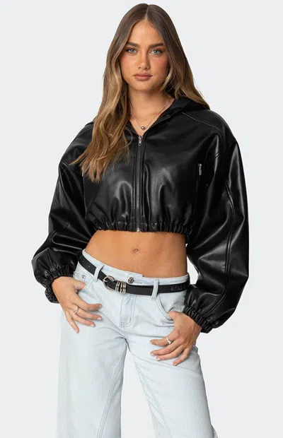 Edikted Crop Faux Leather Hooded Jacket In Black