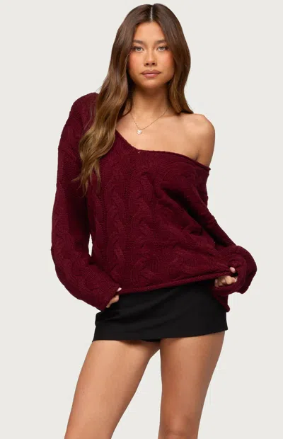 Edikted Women's Inga Oversized Cable Knit Sweater In Burgundy In Brown