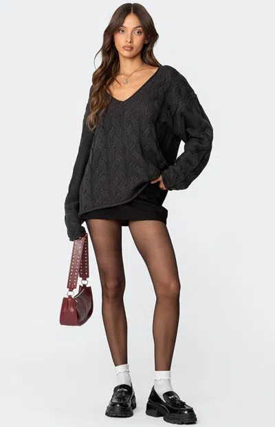 Edikted Inga Oversize V-neck Cable Sweater In Dark-gray