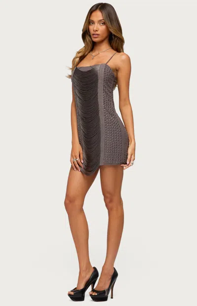 Edikted Women's Ione Studded Fringed Mini Dress In Gray