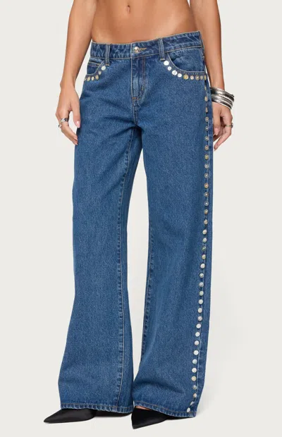 Edikted Iridescent Button Low Rise Wide Leg Jeans In Blue