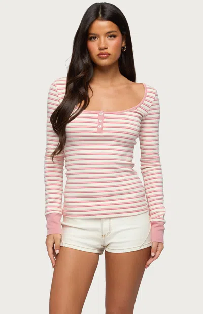 Edikted Women's Jaida Striped Henley Top In Pink