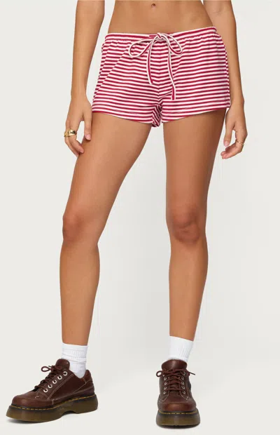 EDIKTED WOMEN'S JAINE STRIPED DRAWSTRING SHORTS IN BURGUNDY