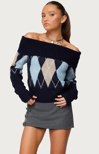 Edikted Jakarie Argyle Off The Shoulder Sweater In Blue