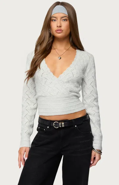 Edikted Janine Pointelle V-neck Crop Sweater In White