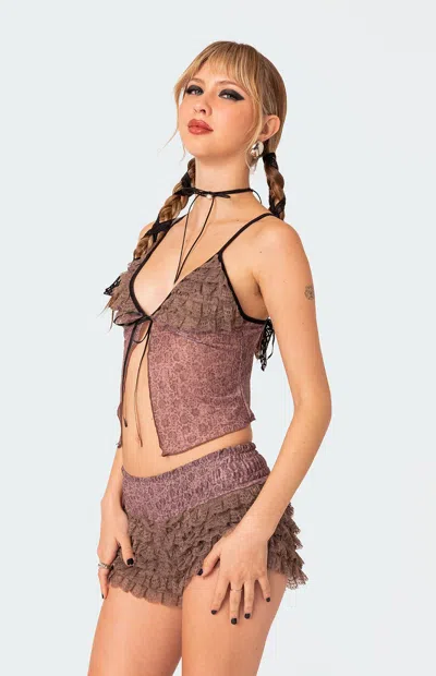 Edikted Janis Floral Ruffle Split Front Camisole In Pink